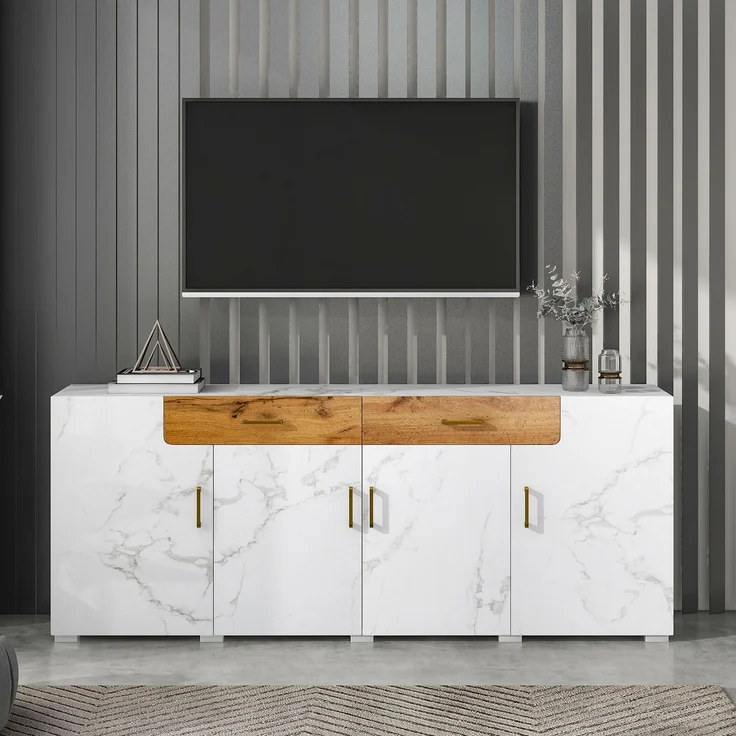 Sideboard weiß marmoriert mit Eiche-Front, modernes TV-Sideboard, Wohnzimmer-Kommode mit 2 Schubladen und 4 Türen – Bild 5