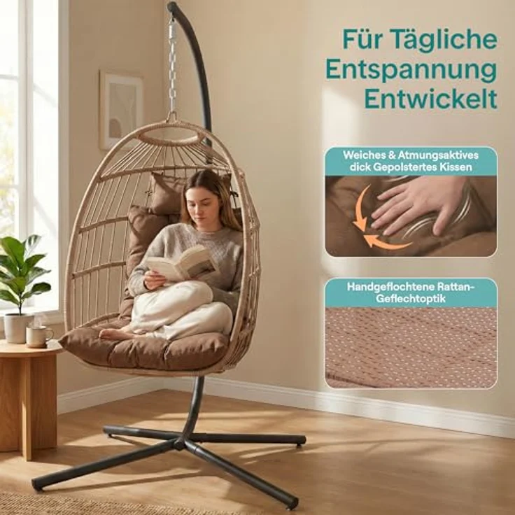 SereneLife Hängesessel mit Gestell – Rattan Hängesessel Outdoor & Indoor Wetterfest – Schaukel für Kinder & Erwachsene bis 250 kg mit Dicke Kissen – Faltbarer Schaukelsessel für Terrasse & Wohnzimmer – Bild 4