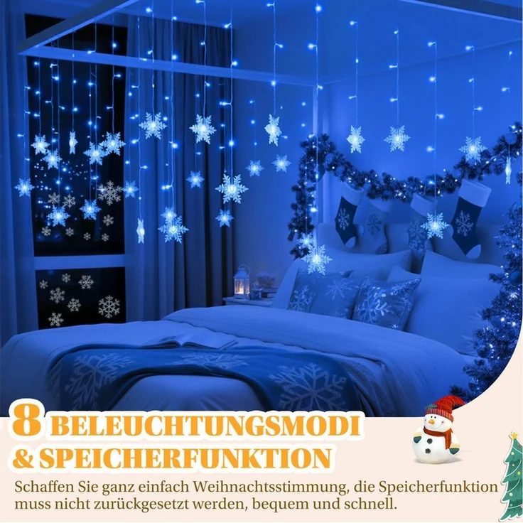 SERBASIC Lichtervorhang LED Schneeflocke Lichterkette, mit 8 Modi und Speicherfunktion, Timer, für Außen Weihnachten, Hochzeit, Balkon, Große Schneeflocke – Bild 2