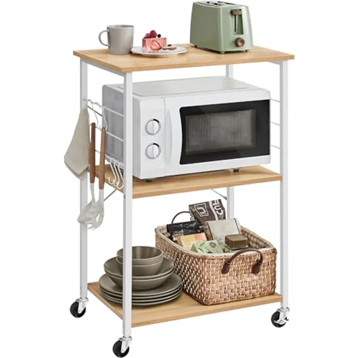 VASAGLE Küchenregal auf Rollen, Servierwagen, 3 Ebenen, Küchenwagen, für Mini-Backofen, Mikrowellen, Metallrahmen, 6 Haken, 40 x 60 x 89 cm, goldeichenfarben-wolkenweiß KKS060Y09 – Bild 2