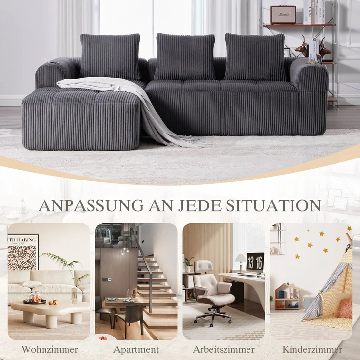 LVHOM Ecksofa 3 sitzer, Bodensofa mit Seitentaschen und Getränkehalter, Polstersofa aus Cordstoff, frei Kombination, Modulares Chaiselongue-Sofa-Set, 253x158x61 cm – Bild 8