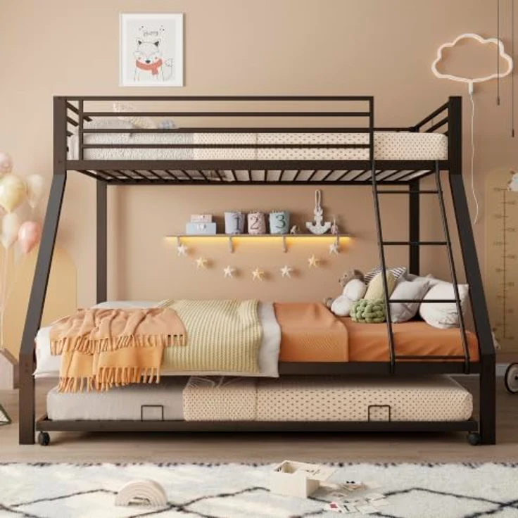 FAVSH Etagenbett 140x200 cm mit Ausziehbett 90x190cm aus Metall, Hochbett mit Rausfallschutz und Leiter, Geräuscharmes Doppelbett, rutschfest, für Jugendliche und Erwachsene, Schwarz E – Bild 7