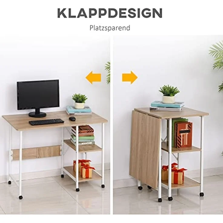 HOMCOM Schreibtisch Klapptisch Beistelltisch Bürotisch (Mobiler Computertisch mit Rollen, 1-St, MDF Natur), 107 x 55 x 76 cm – Bild 4