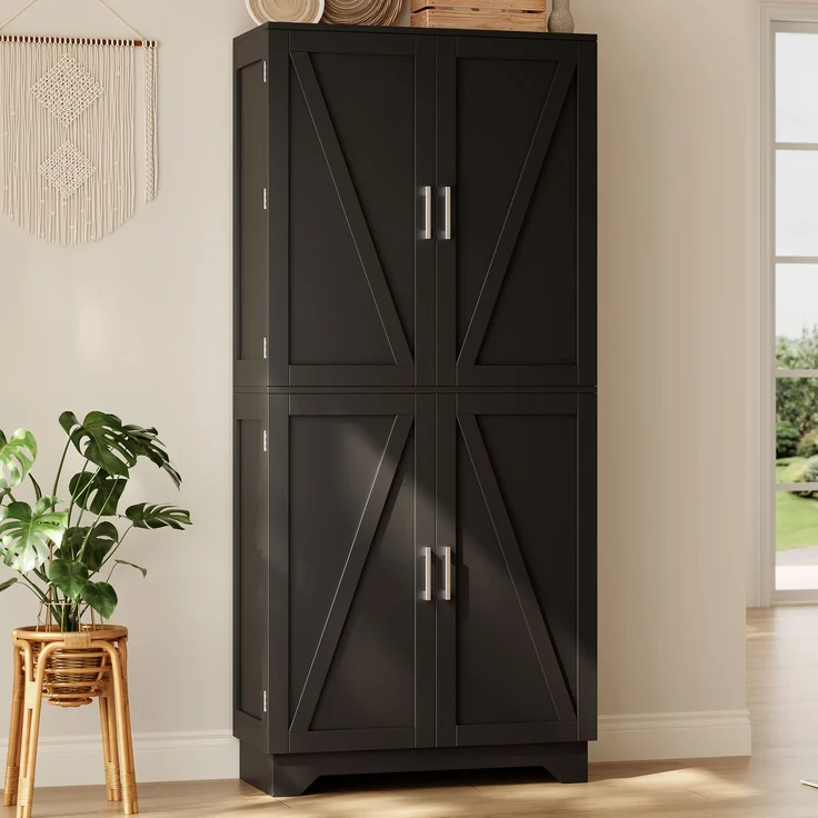 Küchenschrank, hoher Stauraumschrank mit 4 Scheunentor-Türen, Vorratsschrank mit Weinregal und Türregal, Aufbewahrungsschrank für Wohnzimmer und Esszimmer, 80 × 40× 180 cm – Bild 1