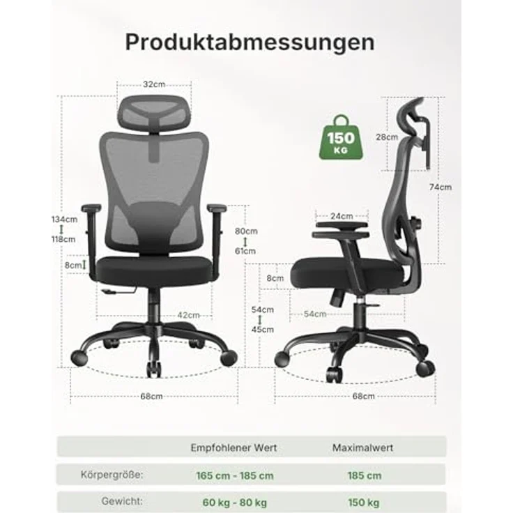 Marsail Bürostuhl Ergonomisch, Bürostuhl mit Verstellbarer gepolsterter Lendenwirbelstütze, 2D-Kopfstütze und Armlehnen, konturiertem Sitzkissen, 104°–130° arretierbarem Wippmechanismus,6pcs – Bild 2