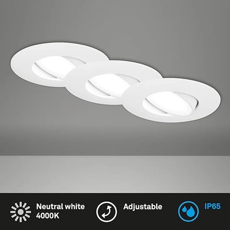 BRILONER 3er Set LED Einbauleuchte Badezimmer IP65, stufenlos dimmbar, schwenkbare Deckenspots, 4,9 Watt, 90x45 mm, weiß – Bild 2