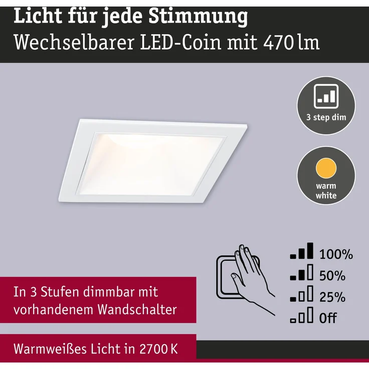 LED Einbauleuchte 3-Step-Dim Cole Coin 1er-Set IP44 eckig 88x88mm Coin 6W 470lm 230V dimmbar 2700K Weiß – Bild 3