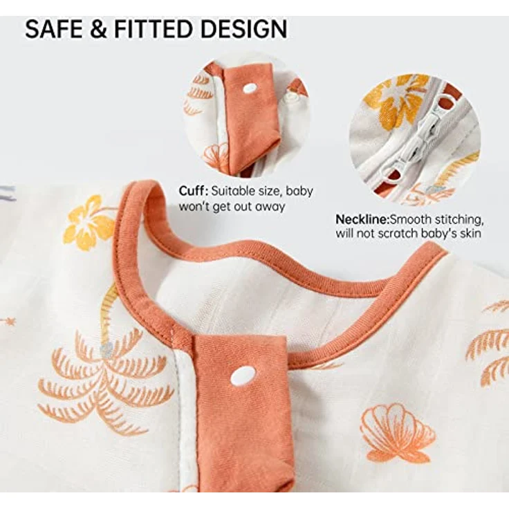 Duomiaomiao Sommerschlafsack Baby, Musselin Schlafsack 0.6 Tog, Baby Schlafsack neugeboren, Dünne Schlafsack Kinder（Kokosnuss-Hain-70） – Bild 6