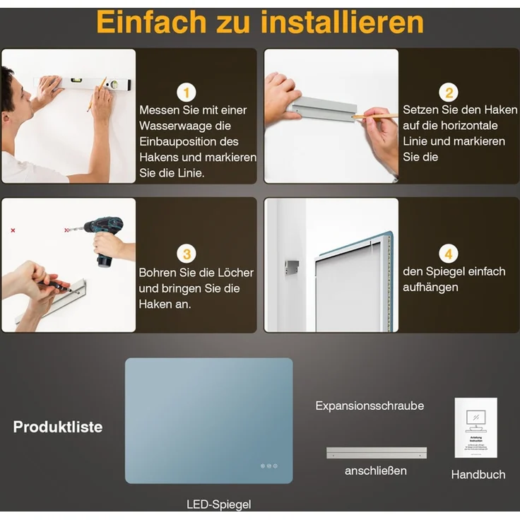 Pesenxan LED Badspiegel 80x60 cm, Badezimmerspiegel mit 3 Lichtfarben, dimmbar, Touch-Schalter & Antibeschlag, IP44, rahmenloses Design, für Badezimmer, Silber – Bild 7