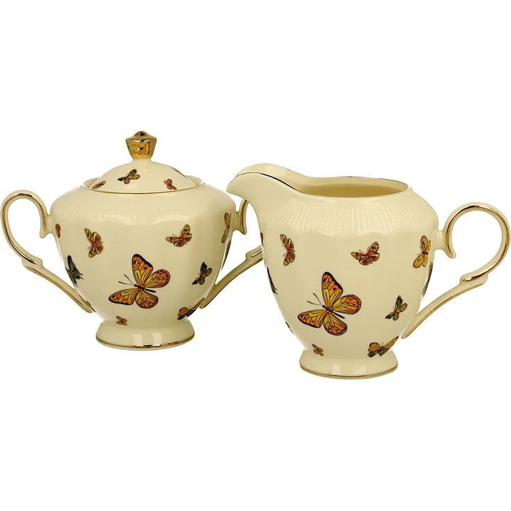 DUO ECRU BUTTERFLIES Zuckerdose und Milchkännchen, New Bone China Porzellan
