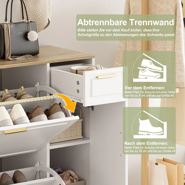 4-teiliges Garderoben-Set – mit Schuhschrank, Sitzbank, Wandgarderobe & Spiegel, komplettes Flurmöbel-Set für Diele und Eingangsbereich, Maße: B139.5 x T35 x H166 cm--Natur + Weiß--130x30x174cm--YOUDENOVA – Bild 9