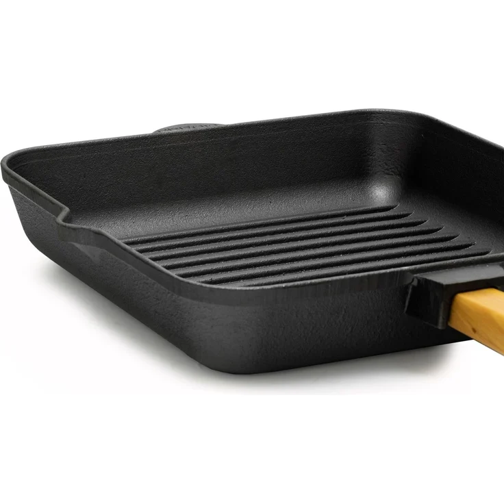 28cm Gusseisen Grillpfanne Holzgriff Pressdeckel Bratpfanne Pfanne Feuerpfanne Pfannenwender Induktion – Bild 5