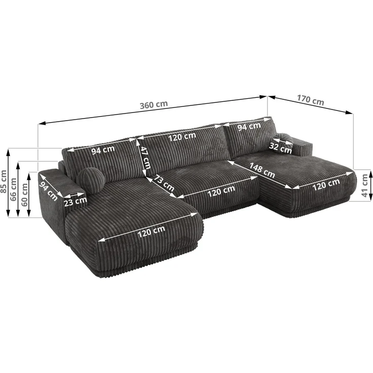 XXL Wohnlandschaft RINA U-Form 360 cm breit, Sofa mit Schlaffunktion & DL-Mechanismus, Wellenfederung, modern freistehend - Grau Cord – Bild 7