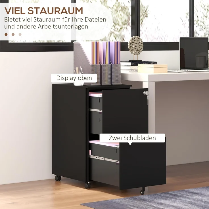 Vinsetto Rollcontainer Aktenschrank mit 2 Schubladen Druckschrank mit Rollen, (Büroschrank, 1 St, Bürocontainer), Stahl, 37 x 43,5 x 67,5 cm – Bild 4