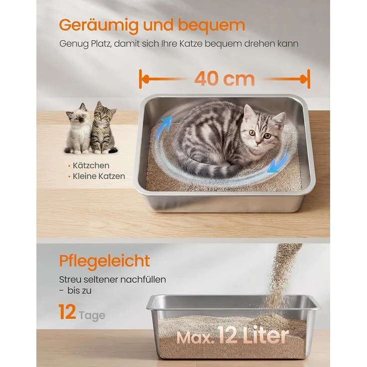 FEANDREA Katzenklo Edelstahl, Katzentoilette mit Schaufel, offen, für kleine Katzen und Kätzchen, 40 x 30 x 10 cm, silbern – Bild 4