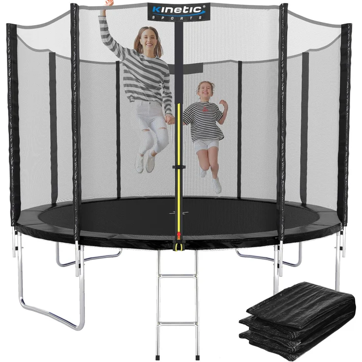 KINETIC SPORTS Trampolin Outdoor 'Salto Plus' - Komplett-Set für Kinder, USA Sprungtuch, Netz, Randpolster, Leiter, Schwarz-2, Ø 244 cm – Bild 1