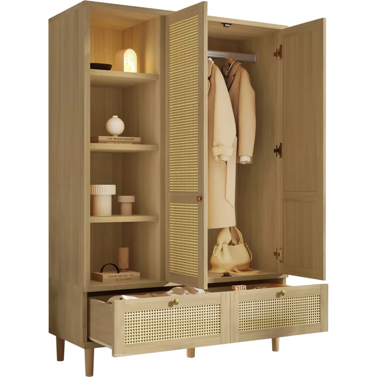 Merax 180cm Kleiderschrank Garderobenschrank mit 2 Türen und Rattan‑Flechten, Landhausstil Eicheoptik, offene Ablage, Regalfächer, Kleiderstange, 2 Schubladen, Kippsicherung – Bild 10