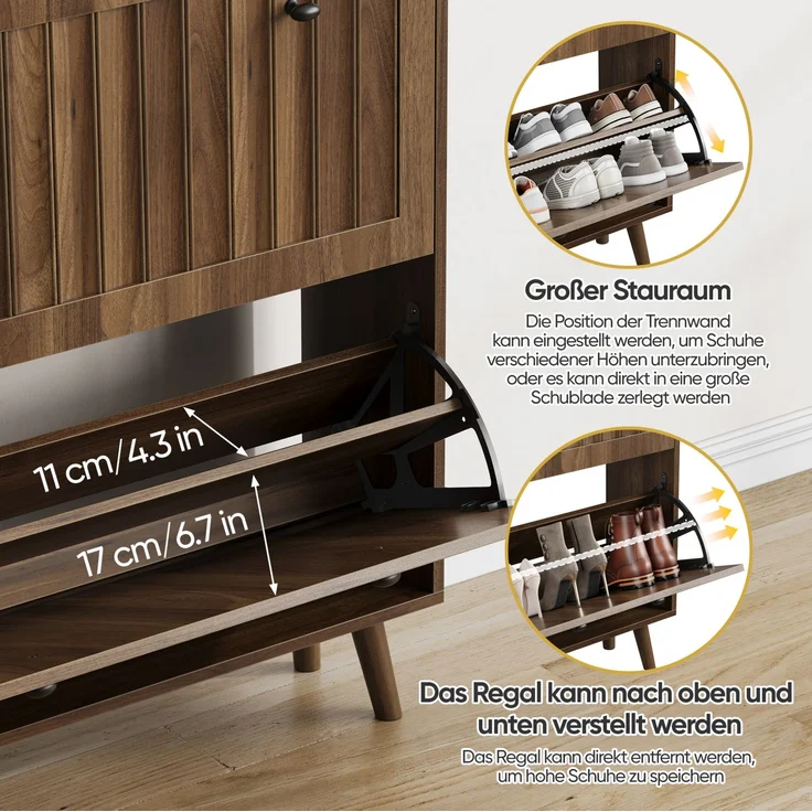 DESVIAE Garderobenschrank Schuhschrank Walnussfarben aus MDF/Spanplatte – 80x95x24 cm – 2 Kippfächer – Bild 5