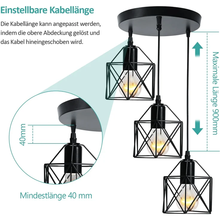 EMKE Pendellampe 3 flammige Kronleuchter Vintage Pendellampe Retro Hängelampe Deckenleuchter, Schwarz Lampenschirm für E27, Wohnzimmer Café – Bild 3