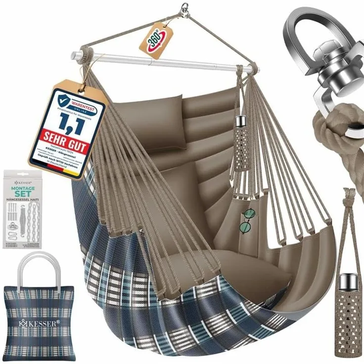 KESSER® Hängesessel Haiti 150kg Traglast, Hängestuhl 360° Drehung, Hängeschaukel Indoor-Outdoor UV-beständig & Wasserfest, Pflegeleicht, Inkl. 2 Kissen, Tragetasche, Flaschenhalter & Montage-Set Mocca