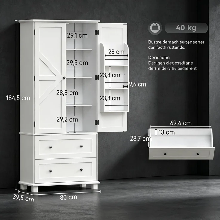 Küchenbuffet 80 x 39,5 x 184,5 cm aus MDF in Weiß mit 2 Schubladen und verstellbaren Einlegeböden – Bild 4