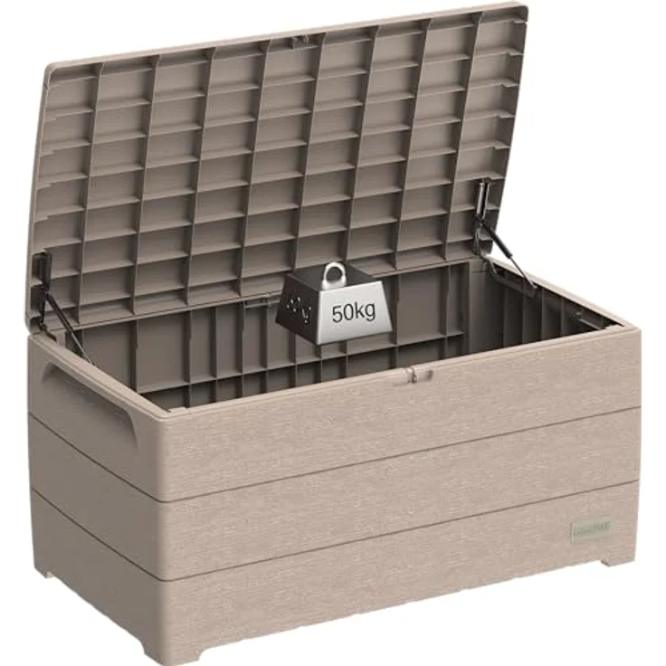 Duramax Cedargrain Durabox 416L Kissenbox aus Kunststoff, Für den Außenbereich, Aufbewahrungsbox, Deckbox und Garten-Organizer, Abschließbare Kunststoff-Kissenbox mit Gasflasche und seitlichen – Bild 8