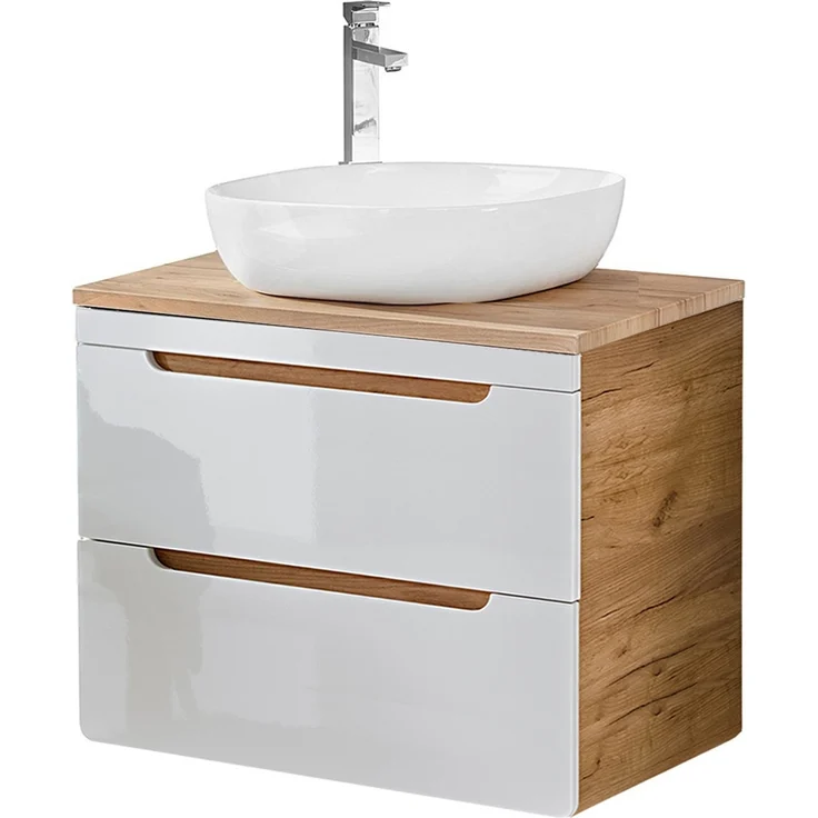 Waschtischunterschrank 81 cm LUTON-56 in Hochglanz weiß mit Wotan Eiche Nb, B/H/T ca. 81/61,5/46 cm – Bild 8