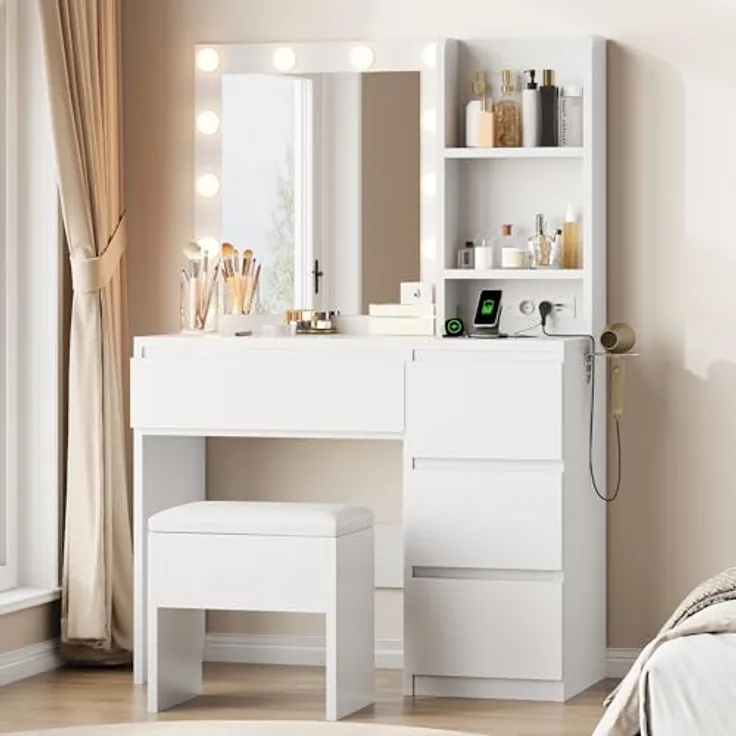 Jocoevol Schminktisch mit Spiegel und LED Beleuchtung, 12 LED Lichtkugeln, 3 Farben, Dimmbar, mit Steckdosenleiste, Kosmetiktisch​ mit 4 Schubladen und 2 Offenen Ablagen, (Weiß)