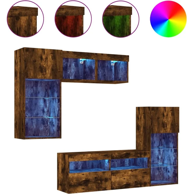 5-tlg. Wohnwand Schrankwand mit LED-Beleuchtung Räuchereiche Holzwerkstoff – Bild 2