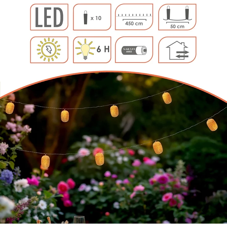 Spetebo LED-Lichterkette Solar Deko Beleuchtung mit 10 ovalen Lampions in Rattan Optik - 450 cm, 10-flammig, mit integriertem Akku – Bild 4
