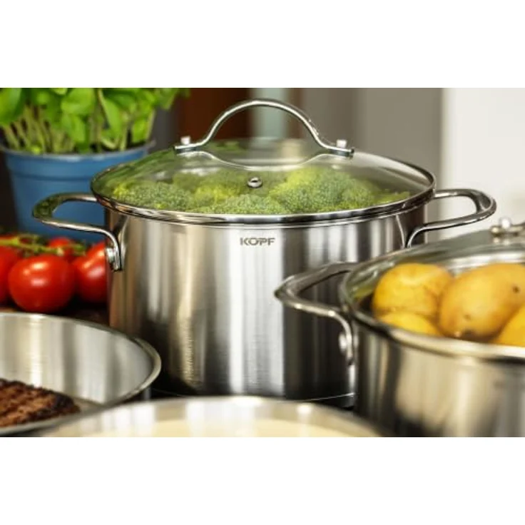 Kopf Topf-Set Clara, Edelstahl, 10-teilig mit 4 Kochtöpfen, Bratpfanne, Schmorpfanne, Stielkasserolle und 3 Glasdeckeln, für alle Herdarten inkl. Induktion, spülmaschinengeeignet und backofenfest – Bild 10