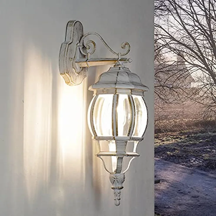 Licht-Erlebnisse Wandleuchte Aussen Vintage, Außenlampe Weiß Gold, H:54 cm, IP44, E27, für Terrasse und Balkon