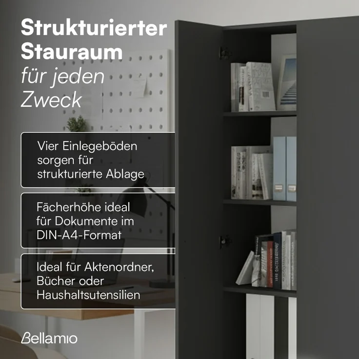 Bellamio 'Apol' Mehrzweckschrank schmal, schwarz, 176x33x40 cm, Aktenschrank mit 5 Ablagefächern, Tür beidseitig montierbar – Bild 3