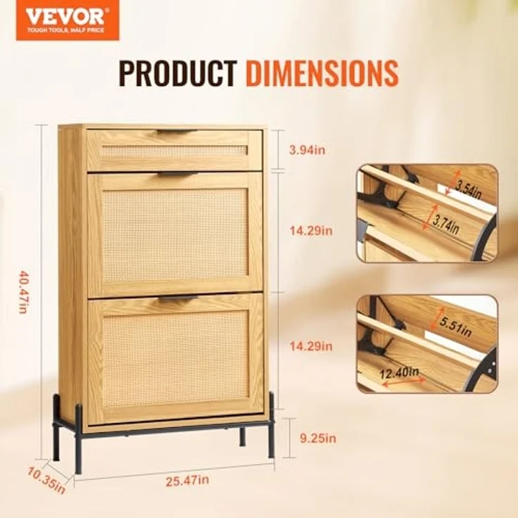 VEVOR Schuhschrank Schuhkommode aus Rattan mit 2 Klappschubladen & 1 Ausziehschublade, Metallbeine, schmaler Schuhschrank ideal für Eingangsbereich Diele Schrank Flur helle Holzfarbe Schuhkipper – Bild 3
