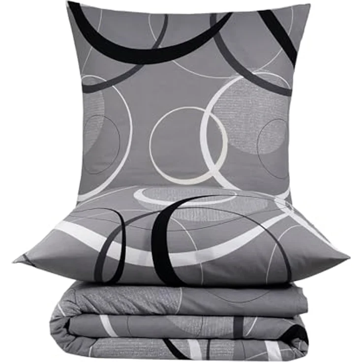 Buymax Bettwäsche Wave, Bettgarnitur, Bettbezug Set, Renforcé: 100% Baumwolle, 2 teilig, mit Reißverschluss, gemustert, Kreise, Grau, Schwarz, 155x220 cm – Bild 7