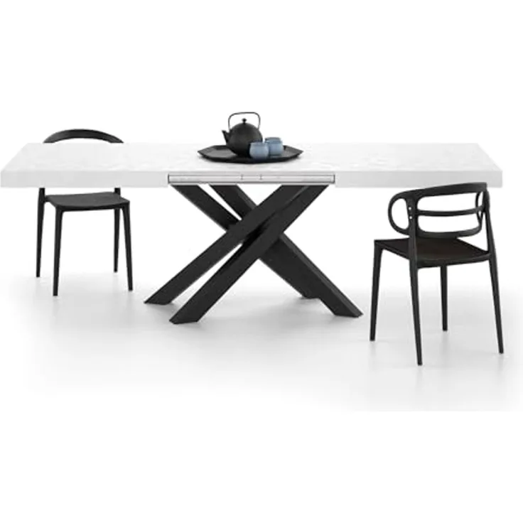 MOBILI FIVER, Ausziehbarer Tisch Emma 160, weißer Beton, mit schwarzen X-Beinen, Laminiert/Eisen, Made in Italy