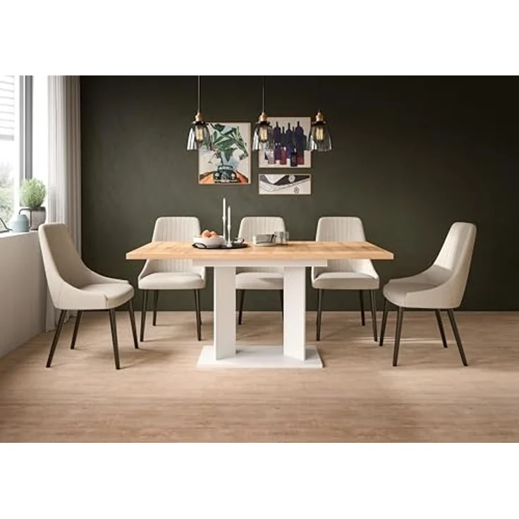 xonox. home – Esstisch Gustav 120-160x76x80 cm in Artisan Eiche Nachbildung und Weiß – Ausziehbarer Küchentisch mit Doppelsäule – variabel anpassbar, ummantelte Kanten & inklusive Aufbauanleitung – Bild 6
