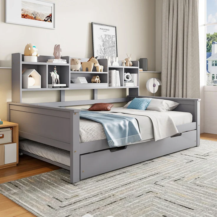 EINHOM Ausziehbares Schlafsofa 90 x 200 cm cm Massivholz, Ausziehbett 90 x 190 cm cm, mit Staufach und Lattenrost, Kiefer Multifunktionsbett, Einzelbett, Grau, (Ohne Matratze) – Bild 3