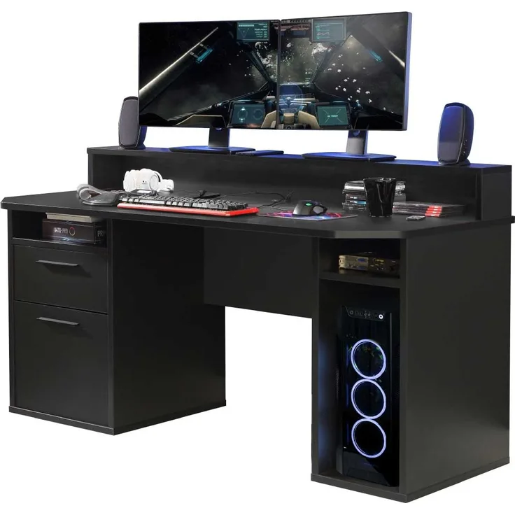 Gamer-Schreibtisch Tyrion / Tezaur, Schwarz, 160 x 91 x 72 cm