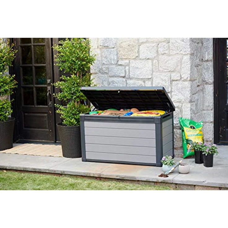 Ambia Garden Kissenbox, Anthrazit/Grau, wetterbeständige Kunststoffbox, 122.9x70.6x62.1 cm, aufklappbarer Deckel, geeignet zum Sitzen, mit Gasdruckfeder – Bild 8
