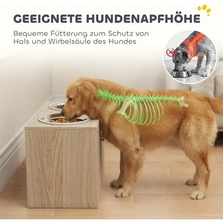 PawHut Futternapf mit 2 Edelstahl-Näpfen, Schrank für Utensilien, Edelstahl, für große Hunde Eiche – Bild 3