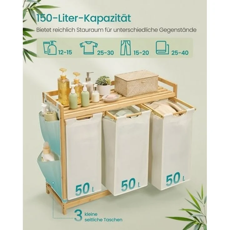 SONGMICS Wäschekorb 3 Fächer, Bambus, 150 L, mit Ablage, kleine seitliche Taschen, 3 x 50 L, cremeweiß, 94 x 33 x 78 cm – Bild 4
