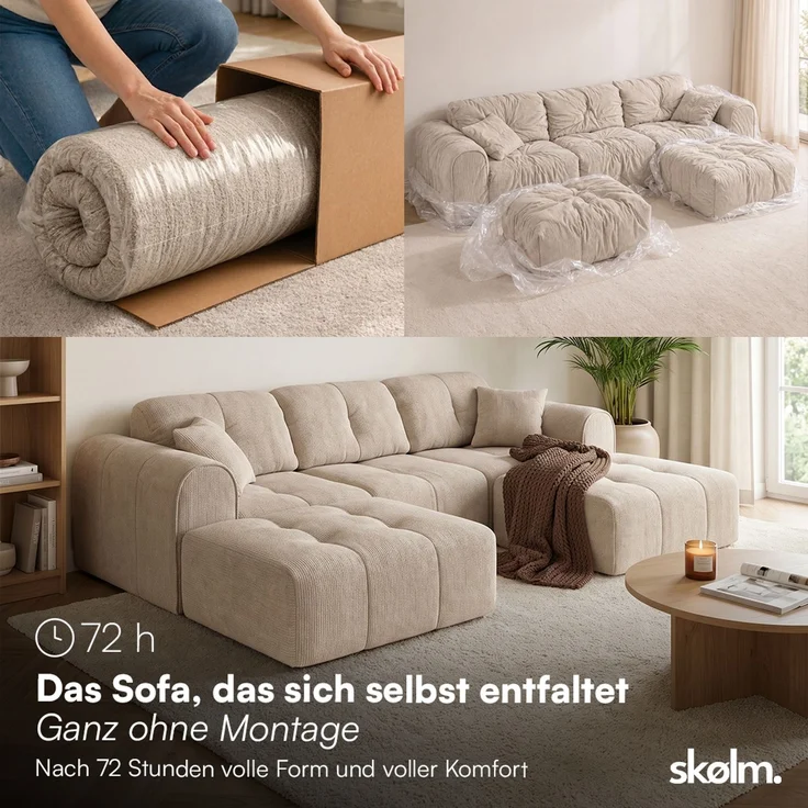 skølm 'Vanaheim' Sofa 3 Sitzer mit 2 Hocker & 2 Kissen, Cloud Sofa beige, Chenille-Stoff, Vollschaumcouch mit Federkern und Vakuum-Kompression, kein Aufbau erforderlich – Bild 3