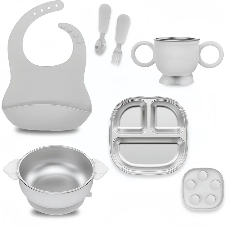 ABC Kindergeschirr-Set, bruchsicherer, abnehmbarer Teller aus Edelstahl 304 mit Saugnapf, grau