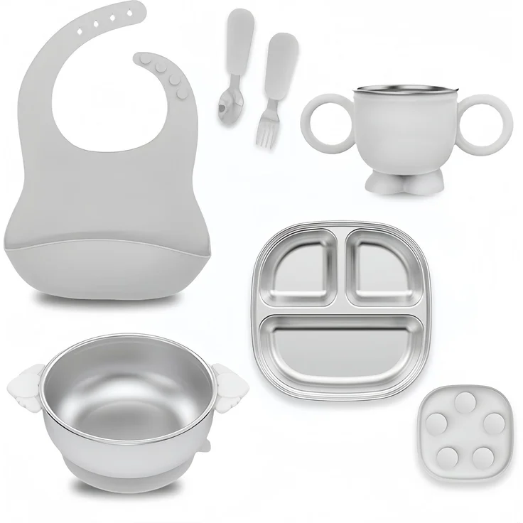 ABC Kindergeschirr-Set, bruchsicherer, abnehmbarer Teller aus Edelstahl 304 mit Saugnapf, grau – Bild 1