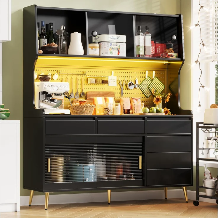 Hochschrank 144,9x39x171 cm mit LED-Beleuchtung, geriffelter Glasfront und Schiebetüren – Bild 2