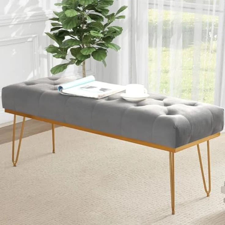 Shally Dogan Sitzbank aus Stoff, Sitzbank für Schlafzimmer, Ottomane mit hochdichter Polsterung, Mehrzweck-Eingangsbereich, ideal für Schlafzimmer, Wohnzimmer, Grau – Bild 2