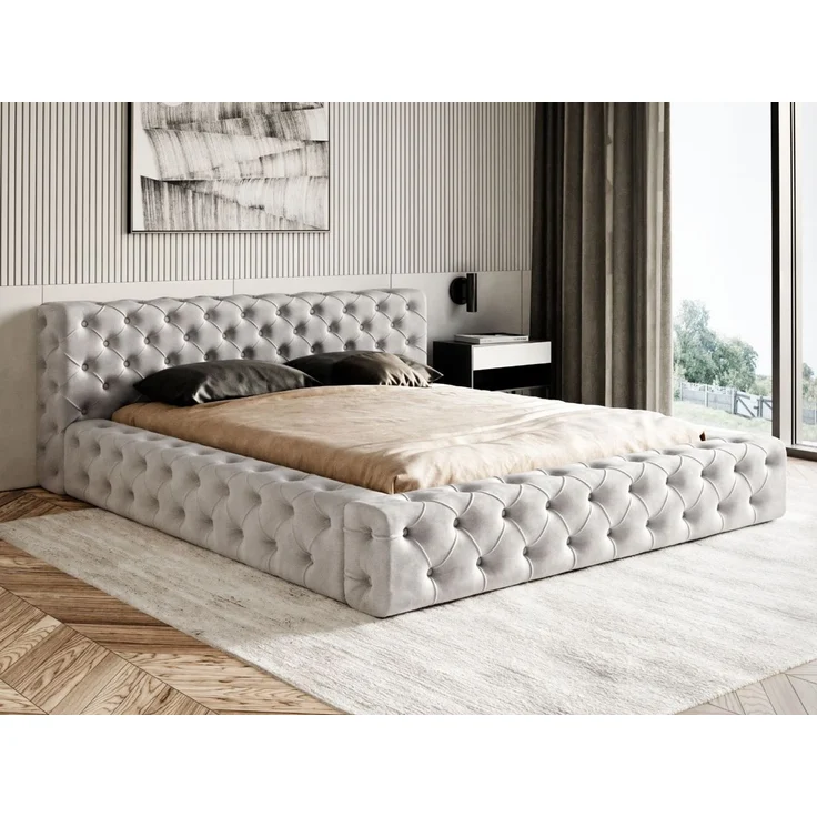 GRAINGOLD Palini Polsterbett 160x200, mit gepolstertes Kopfteil, gestepptes Bett, Bettkasten, Velour-Stoff, Hellgrau – Bild 3
