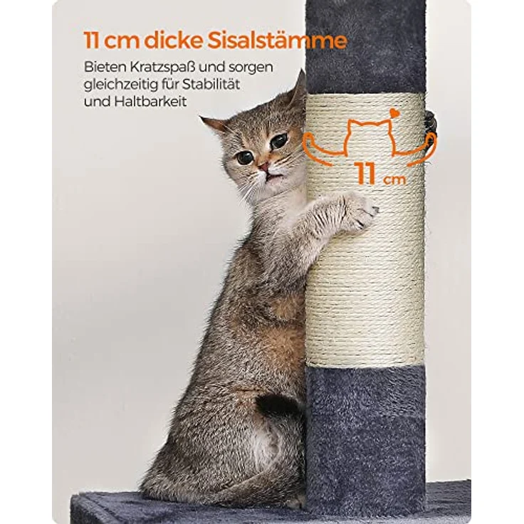 Feandrea Kratzbaum, 101 cm Katzenbaum, XL, Katzenhaus für extra große Katzen bis zu 20 kg, große Plattform, 2 Katzenhöhlen, Sisalstämme, rauchgrau PCT614G01 – Bild 7