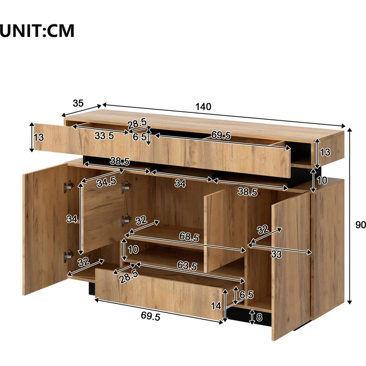 Sideboard B 140 x T 35 x H 90 cm aus Spanplatte in Natur/Schwarz mit RGB-Beleuchtung – Bild 5